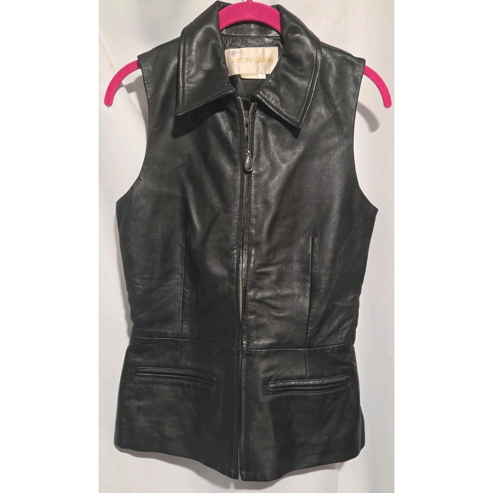 Vintage 90s Margaret Godfrey Black Genuine Leather Vest Zip Up Tailored Size...